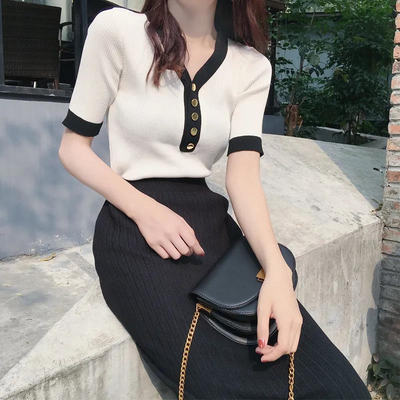 Women V-neck Knitted Pullovers Casual Comfortable Sweater Slim Shirts Temper Elegant T-shirts Spring