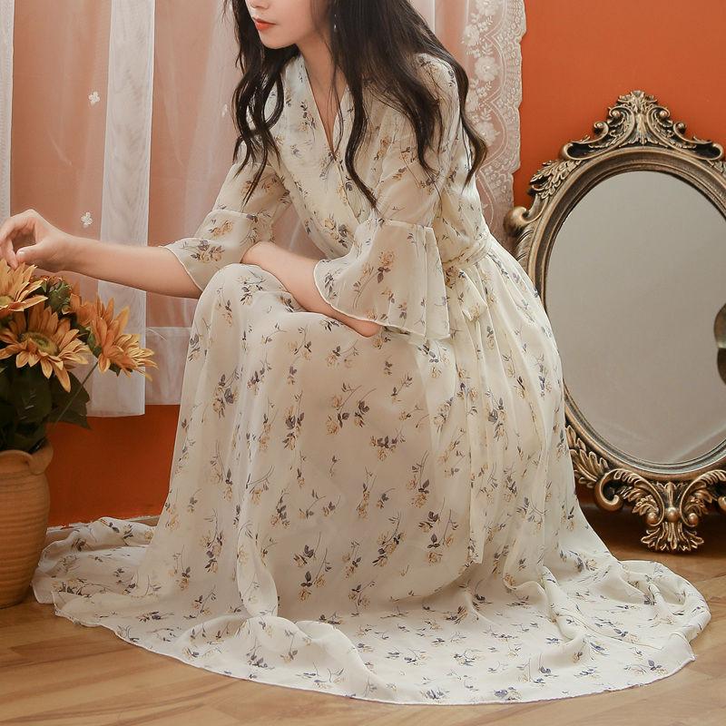 Spring Summer Women's French Floral Chiffon Dress Long Sleeve Printing Casual Sexy V-Neck Vintage Boho Maxi Dresses Party