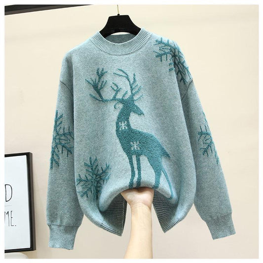 Autumn and Winter Christmas Style Sweater Thick Loose Blouse Half High Collar Female Jacket