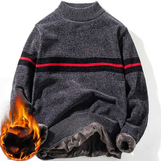 Men's Sweater Half Turtleneck Plus Fleece Thickening Autumn and Winter Youth Slim Trend Pullover Sweater