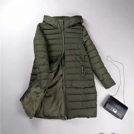 Winter Mid-length Thickened Windproof Cold-proof Warmth Loose Standing Tie Hood Down Cotton Ladies Jacket Padded Coat