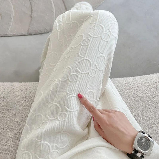 Women's White Knitted Wide Leg Pants Autumn and Winter High Waist Vertical Straight Pants Loose Printing Trousers Mopping Pants