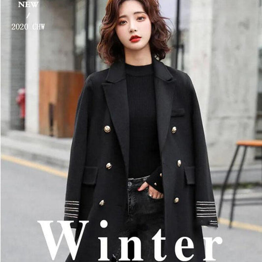 Fashion Winter Jacket Women's Double Breasted Mid-length Wool Coat Solid Color Loose Female Woolen Jacket Plus Size S-XL