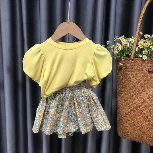 Girls' Cotton Suit Summer Female Baby Baby Solid Color Short-sleeved Little Girl Skirt Pants Thin Section