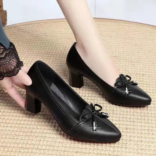 Black Soft Leather Non-slip Comfortable Single Shoes Low-heeled Women's Shoes Thick-heeled All-match Work Leather Shoes