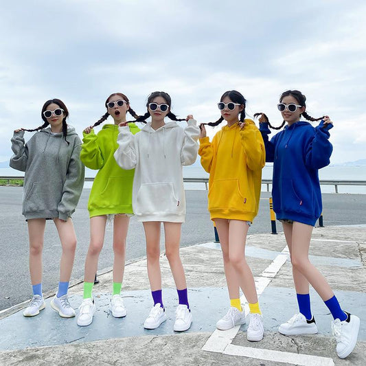 Plus Size Hoodie Candy Color Sisters Couple Loose Hooded Solid Color Sweater Class Clothes Girlfriends Jacket Long Sleeve Pockets Pullover Sweatshirt