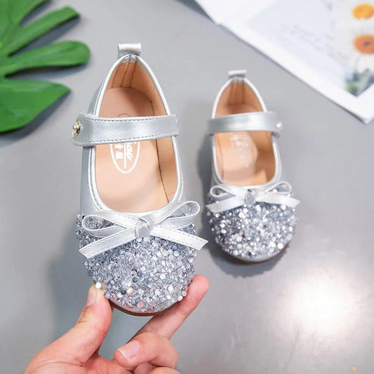 Girls' Leather Shoes Spring and Autumn Non-slip Soft Sole Children's Single Shoes Baby Peas Shoes Crystal Girl Princess Shoes