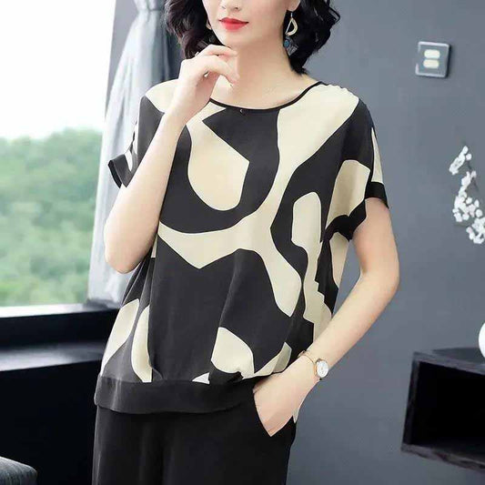 Imitation Silk Stitching T-shirt Women Spring and Summer New Short-sleeved Loose Round Neck Printed Top Blouse