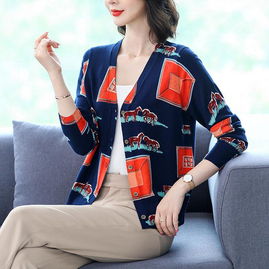 Autumn Winter Ladies Wool Cardigan Single-breasted 3D Printing Cardigan Coat