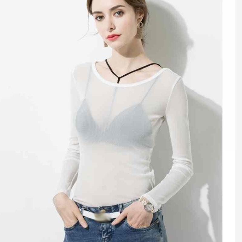 Women Sexy Mesh T-Shirts Ladies Long Sleeve See-Through Top Clubwear Tulle Mesh Black Tees Pullover