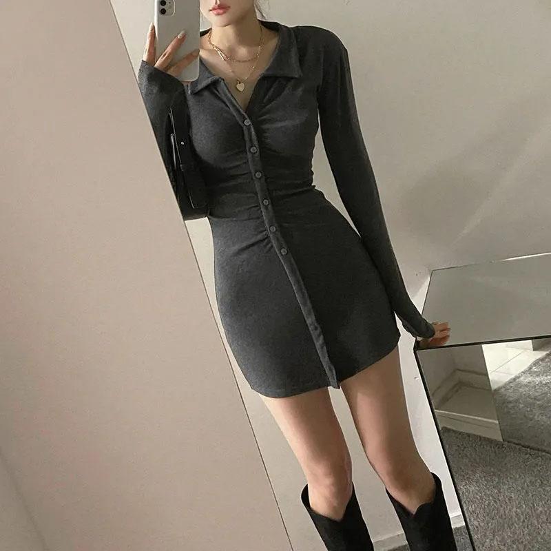 V-neck POLO Neck Slim-fitting Hip Short Skirt Women's Sexy Long-sleeved Button Pleated Dress Showing Breasts Femininity Solid Color