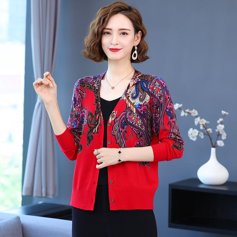 Autumn Winter Women's Knitted Cardigan Sweater V-neck Printing Sweater Coat