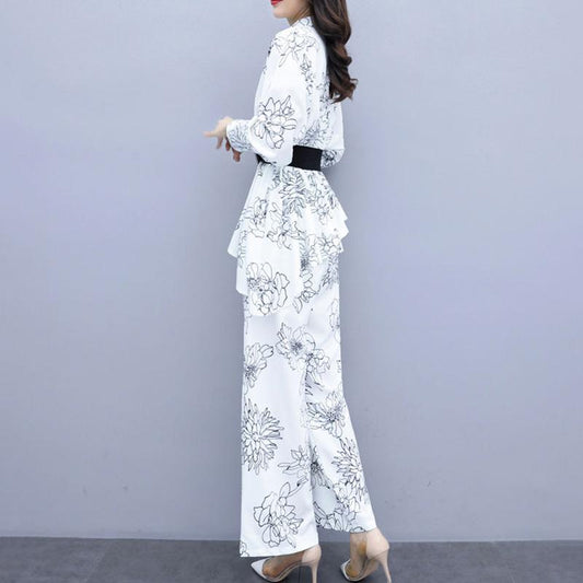 Temperament Wide-leg Pants Suit Women's Spring and Autumn Temperament Two-piece Long-sleeved Shirt + Loose Wide-leg Pants