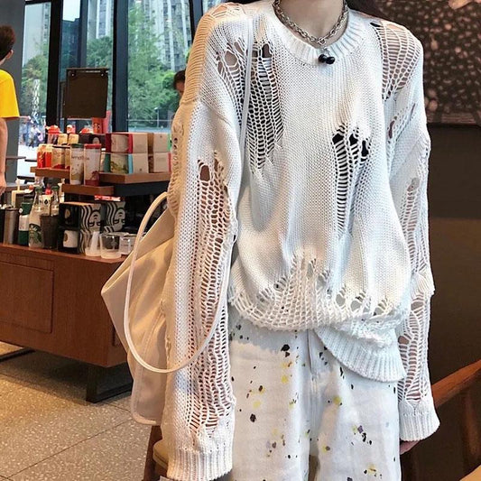 Gothic Punk Hole Sweaters Women Streetwear Harajuku Sweaters Hollow Out Broken Knitted Jumper Woman Pullover Sweater