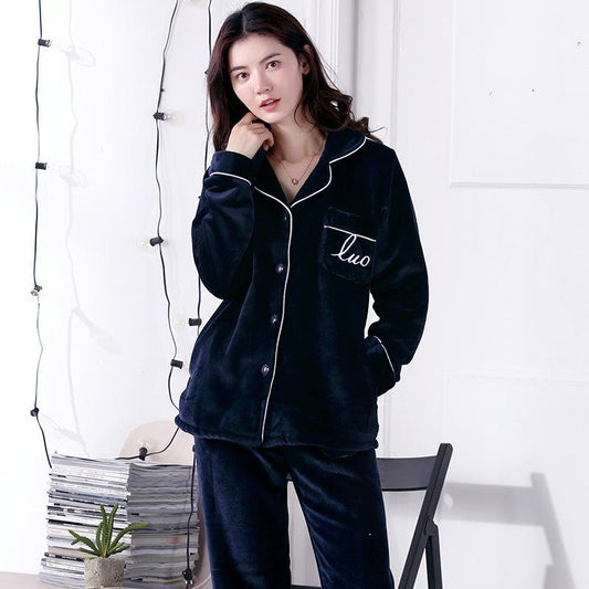 Pajamas Women Winter Thickening Velvet Flannel Homewear Coral Fleece Sleepwear Suit Pyjamas Set Tops and Pants Sets Long Sleeve Turn-down Collar Warm