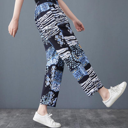 Summer Cotton Retro Print Ethnic Casual Pants Cropped Pants Plus Size All-match Harem Pants Thin Women's Pants
