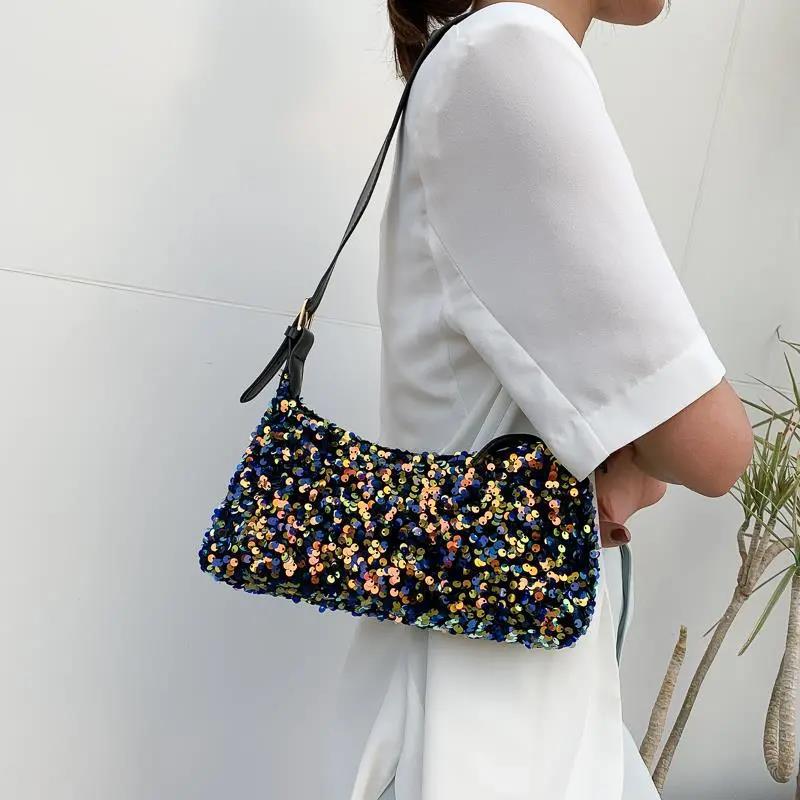 Shiny Sequins PU LeatherElegant Baguette Bag Armpit Bag for Women Shoulder Handbags Lady Simple