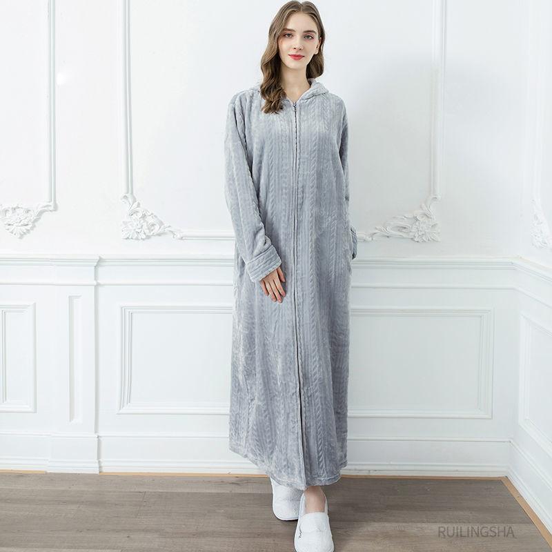 Nightgown Women Autumn and Winter Long Coral Fleece Thick Warm Flannel Bathrobe Zipper Pajamas Dress Age Reduction Cute Style