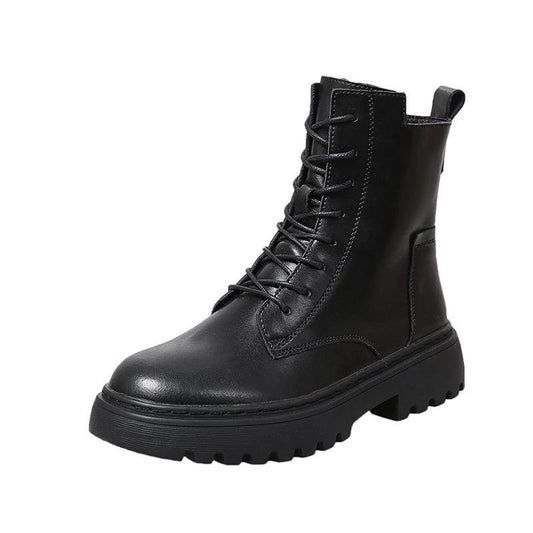 Black Boots Women Winter Fur Leather Boots Ankle Booties Spring Fall Shoes Goth Punk Shoes Warm Velvet Lace Up Footwear