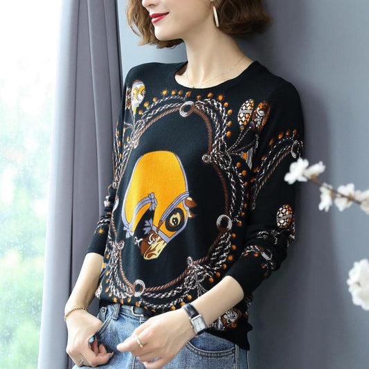 Vintage Printed Knit Sweater Women Oversized Loose Woollen Sweater Short Knitted Wool Jumper