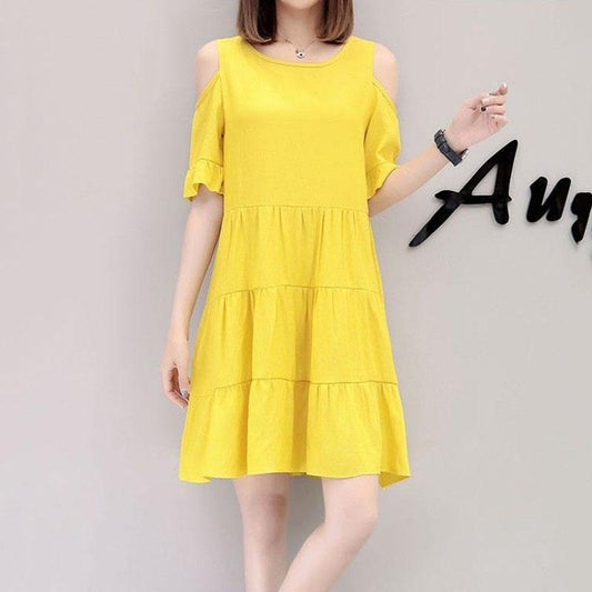 Women's Mid-length Loose Off-shoulder Round Neck Short-sleeved Dress Loose Simple Style Fabric Light and Breathable Comfortable Loose Dress