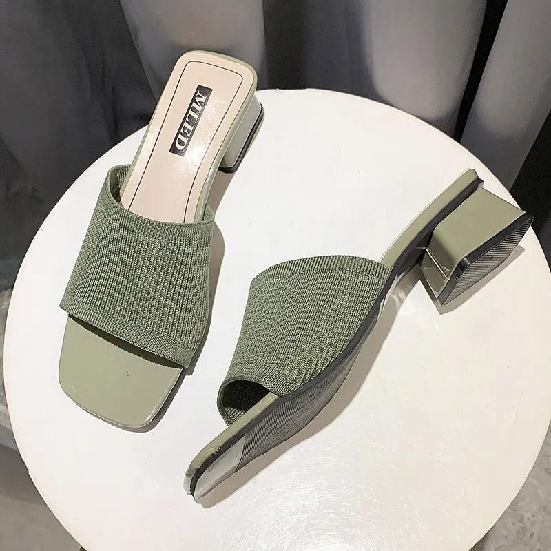 Slippers Women Wear Summer Knitted Thick Heel Flip Flops Fashion High Heels Summer Sandals All-match