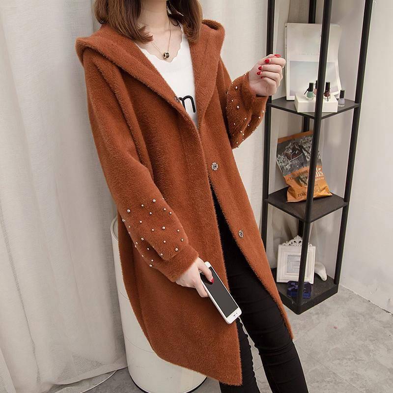 Mid-length Lantern Sleeve Beaded Sweater Autumn and Winter Korean Casual Hooded Coat