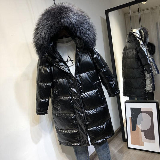 Winter Down Jacket Women Mid-length Over The Knee Blue Shiny Large Fur Collar Thick