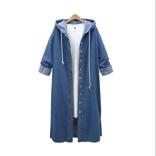 Large Size Loose Denim Jacket Women Spring and Autumn Long-sleeved Hooded Denim Cardigan Long BF Ladies Windbreaker Warm Jacket