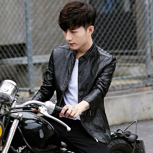 Fashionable Slim-fit Men's Leather Jacket with Stand-up Collar Pu Leather Handsome Motorcycle Leather Jacket