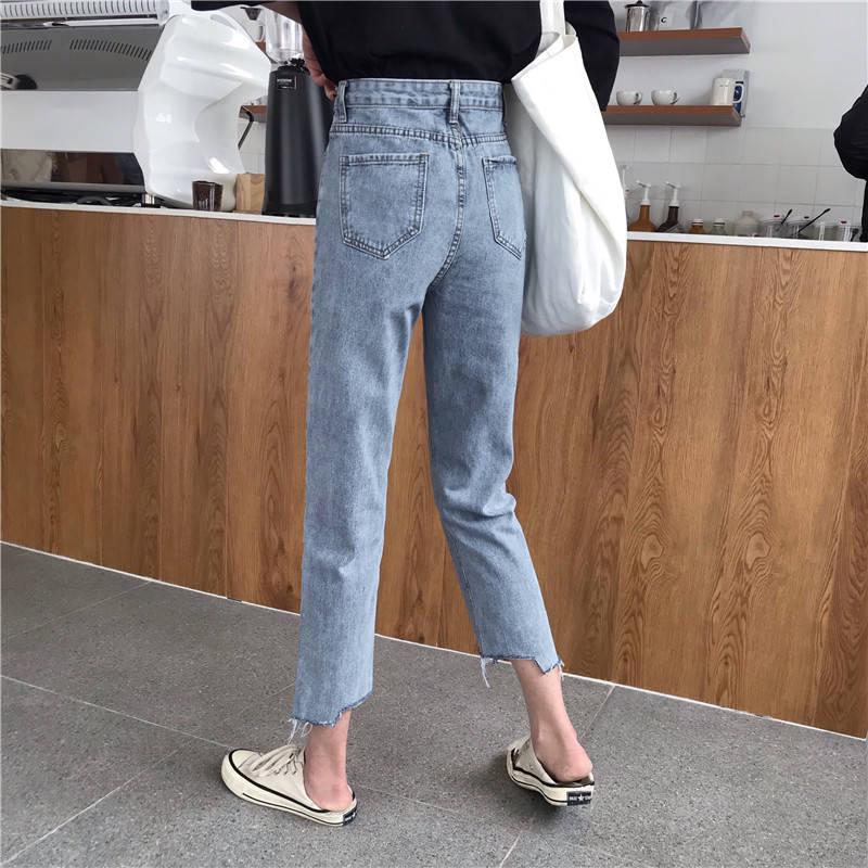 WTEMPO Retro High-waisted Jeans Schoolgirl Thin Loose Straight Comfortable and Elastic Nine Pants