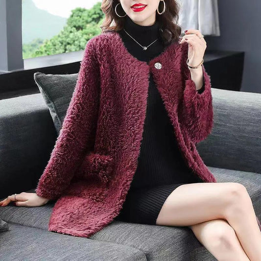 Faux Lamb Fur Coat Women's Mid-length Stitching Faux Fur Korean Style Loose Large Fur Collar Hooded Jacket