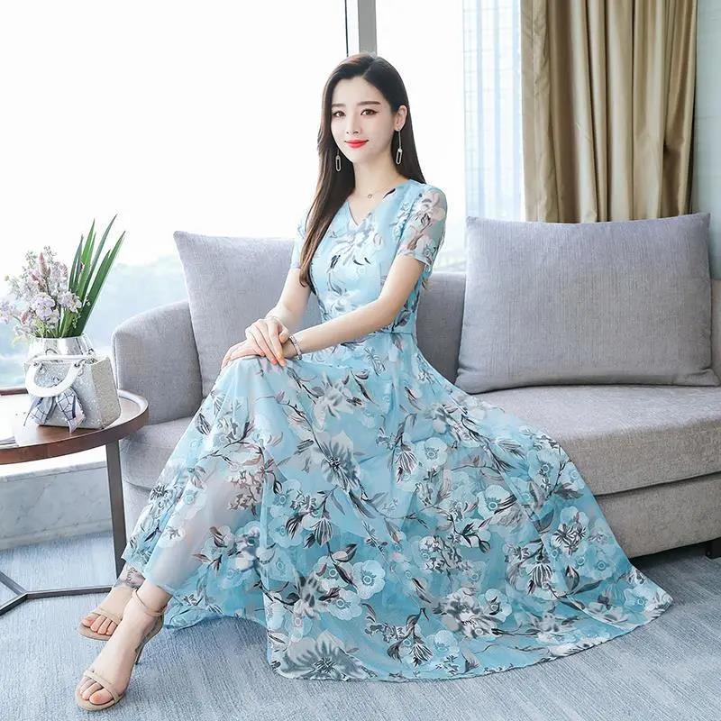 Summer Korean Chiffon Dress Women's Casual Short Sleeve Temperament Large Blue Pink Flower Round Neck Dress
