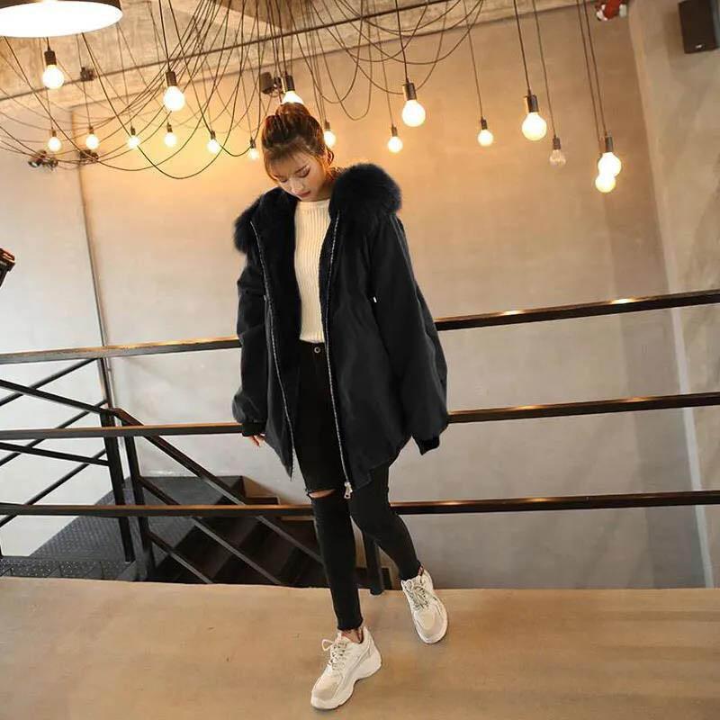 Workwear Padded Jacket Women Winter Korean Mid-length Large Fur Collar Loose Thick Plus Velvet Padded Jacket