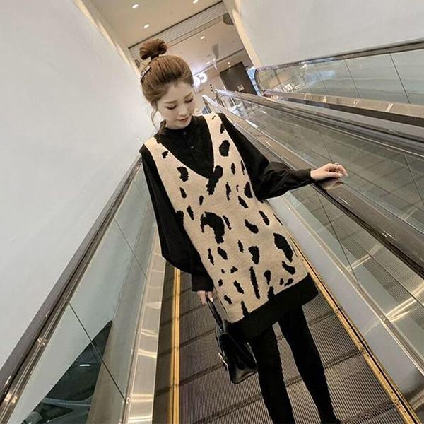 Inner Sleeveless Leopard Sweater Women Loose Knit Mid-length Vest V-neck Casual Soft Waistcoat