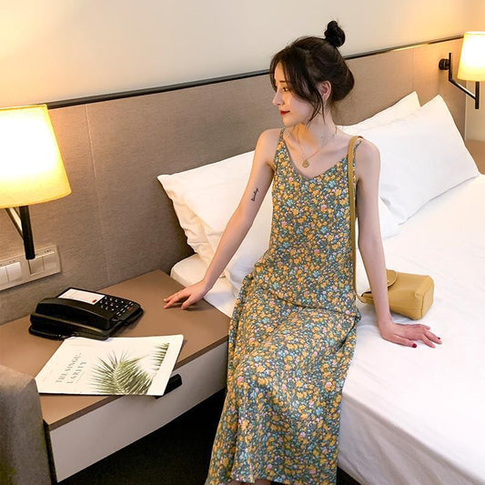 Female Summer Elegant Small Wrinkle Chrysanthemum Chiffon Long Slim V-neck Printing Suspender Floral Dress