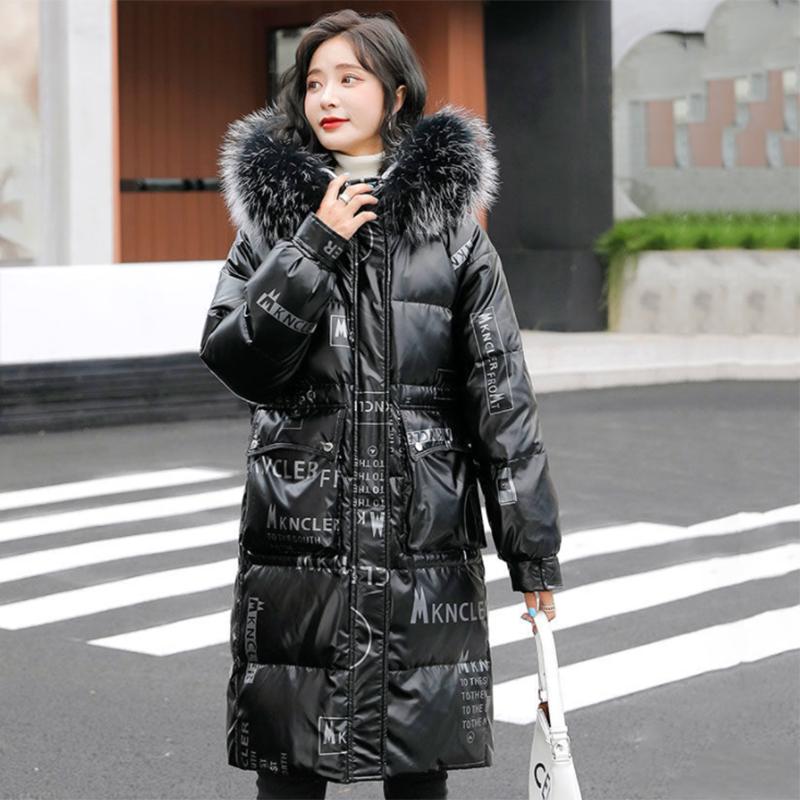 Women's Winter Korean Loose Quilted Coat Warm Down Jacket with Fur Collar Women's Glossy Mid-length Down Jacket