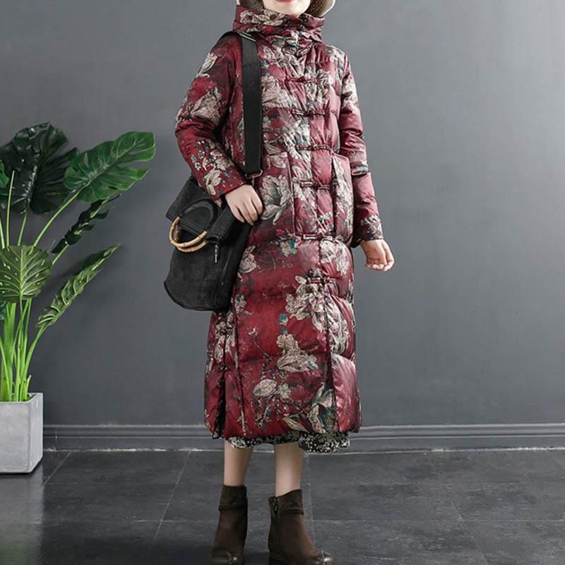 Women's Camouflage Pattern Down Jacket Chinese Style Printed Retro Buckle Mid-length Over-the-knee Large Size Ethnic Style Jacket