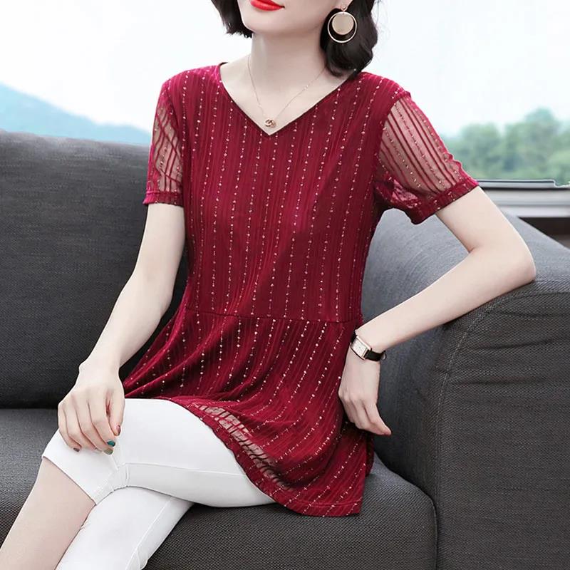 Women's Summer Short-sleeved Mid-length Lace Shirt V-neck Large Size Loose T-shirt