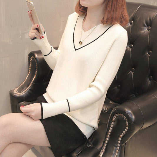Autumn Women Blue V-neck Pullover Sweater Loose Solid Color Casual Sweater Oversize Pullovers