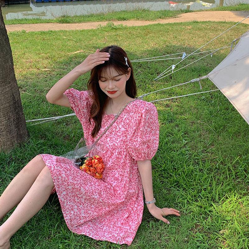 Women's Summer Dress Round Neck Floral Puff Sleeve Loose Skirt