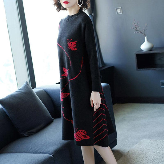 High Quality Jacquard Knit Dress Long Pullover Sweater Warm Plus Size Sweater Dress with Pockets Outer Wear