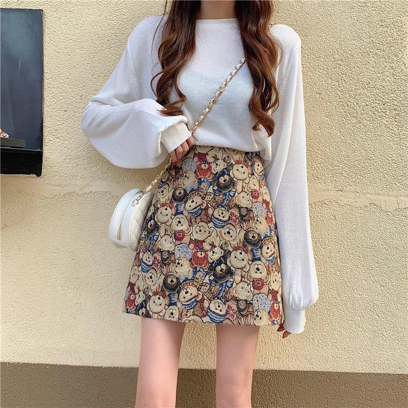Autumn and Winter Retro Style Printed Bear Skirt Building High Waist Hair A Word Skirt Student Bag Hip Hip Short