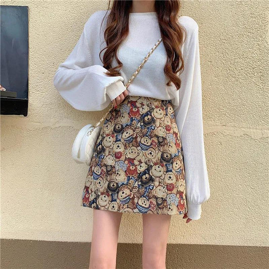 Autumn and Winter Retro Style Printed Bear Skirt Building High Waist Hair A Word Skirt Student Bag Hip Hip Short