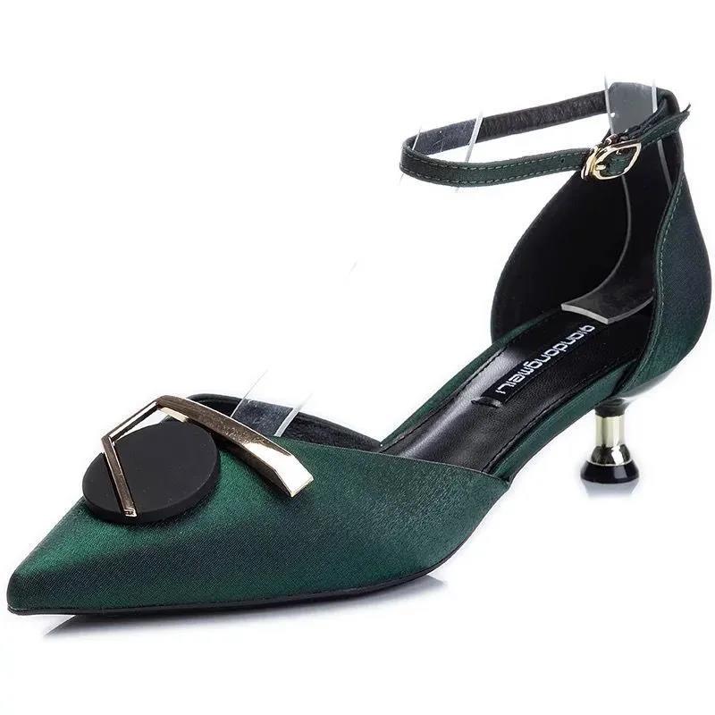 3cm Low Heel Single Shoes Women Stiletto Heel Shoes Temperament Green High Heels Women Pointed Hollow Shoes Women