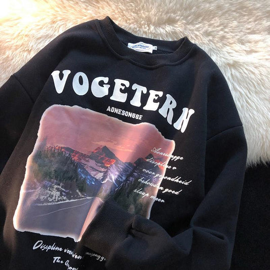 Autumn and Winter New American Retro Trend National Tide Landscape Printing Couple All-match Loose and Lazy Wind Round Neck Sweater