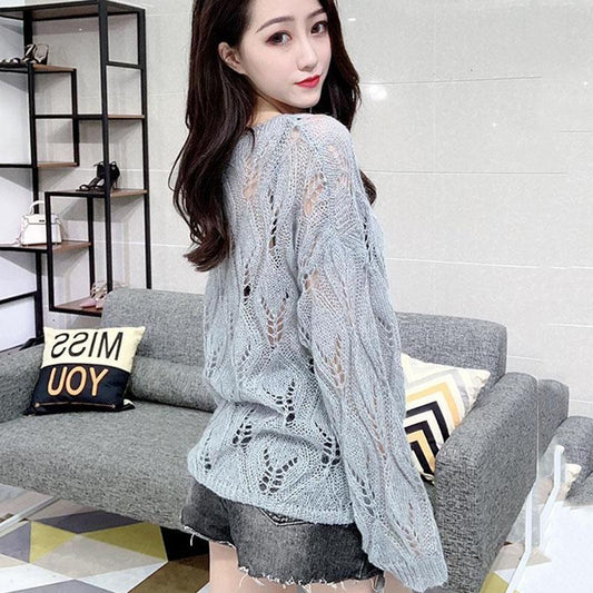 Hollow Women's Sweater Sexy Net Shirt Loose Lazy Wind Bottoming Shirt Ripped Knit Sweater Women's Sunscreen Shirt Sexy Perspective Dress