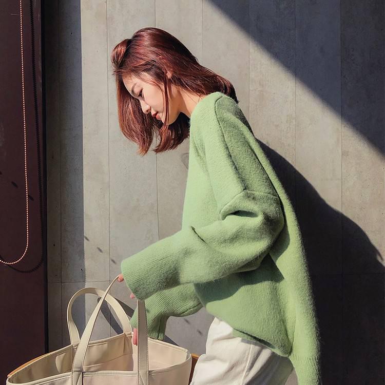 7 Colors Women Warm Solid Purple O-Neck Loose Sweater Blouse Simple Color Cute Sweaters