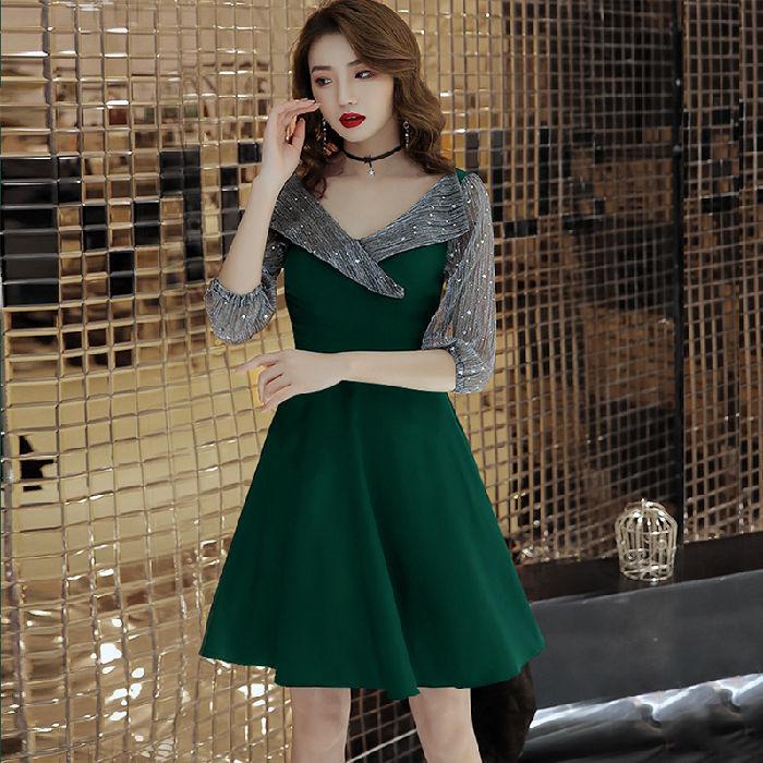 Women's V-neck Dress Sexy Mesh Splicing Bright Silk A-line Dress Five-point Sleeve Slim Dress for Party Plus Size M-4XL