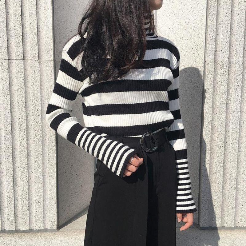 Sweater Women's Turtleneck Knitwear Black and White Striped Pullover Korean Slim Top Trendy Sweater Autumn and Winter Fashion